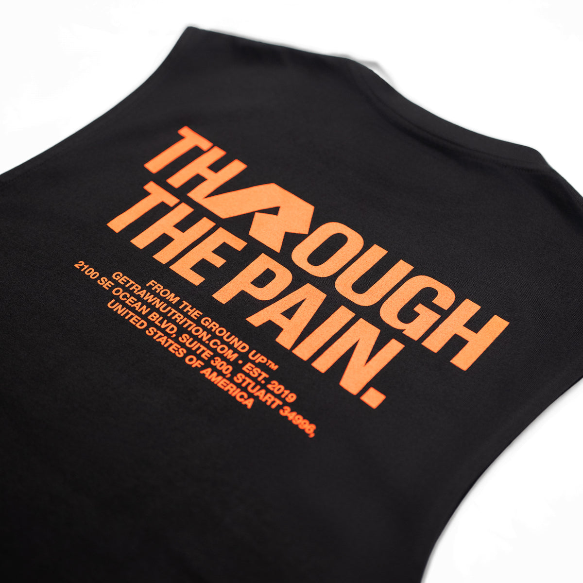 RAW Core Through The Pain Tank, black and orange, back graphic detail