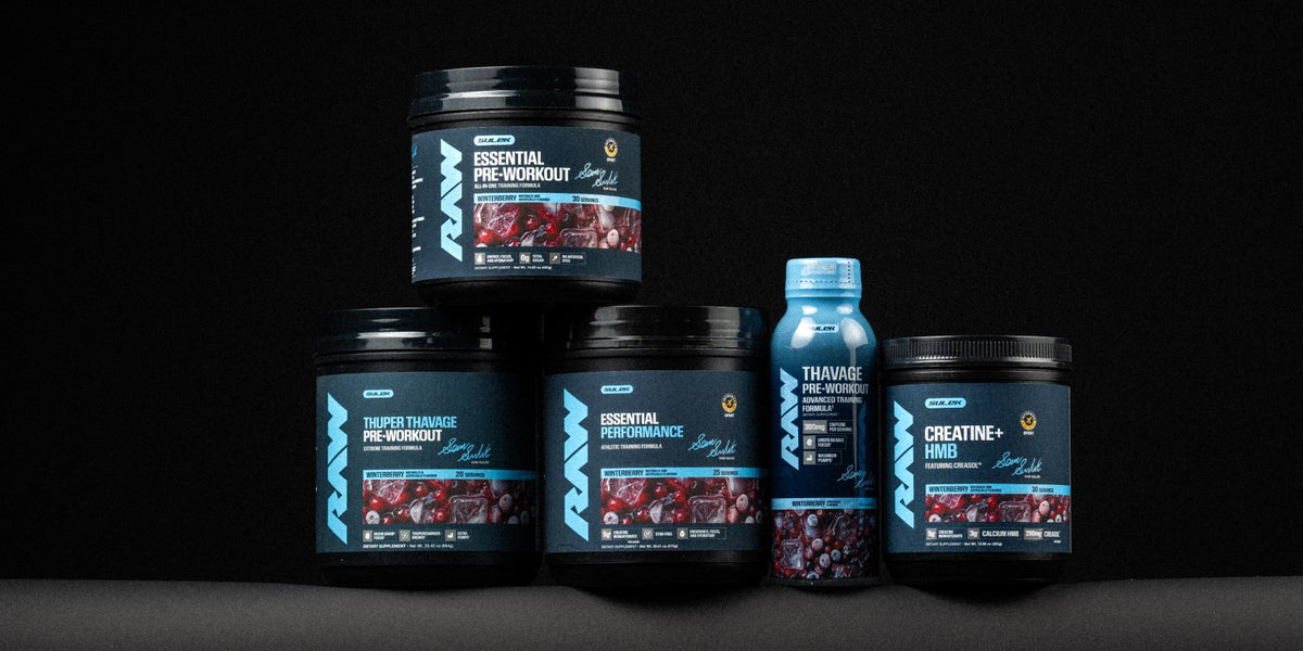 RAW Winterberry Series by Sam Sulek: Essential Pre-Workout, Thuper Thavage, Essential Performance, Thavage RTD and Creatine + HMB