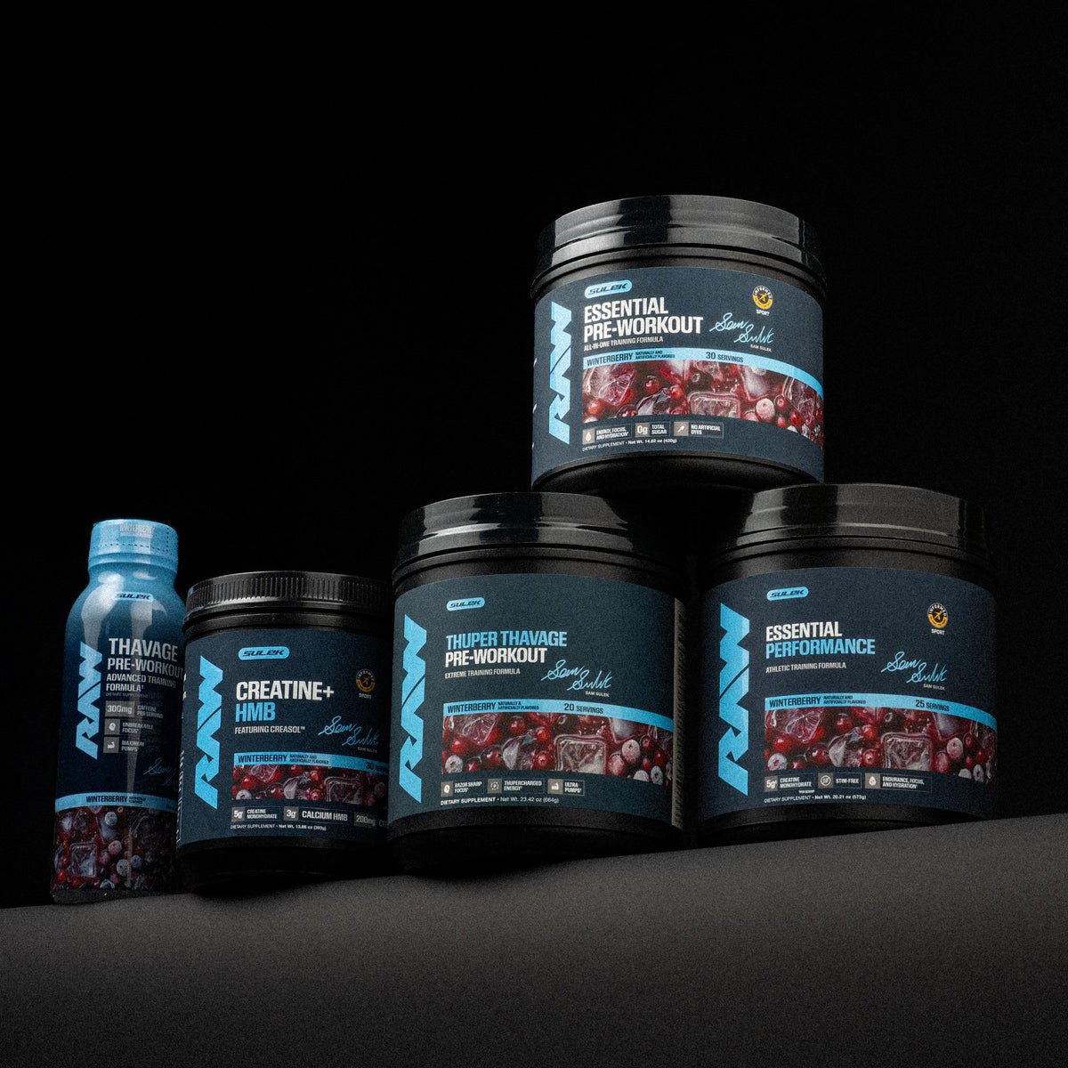 RAW Winterberry Series by Sam Sulek: Essential Pre-Workout, Thuper Thavage, Essential Performance, Thavage RTD and Creatine + HMB