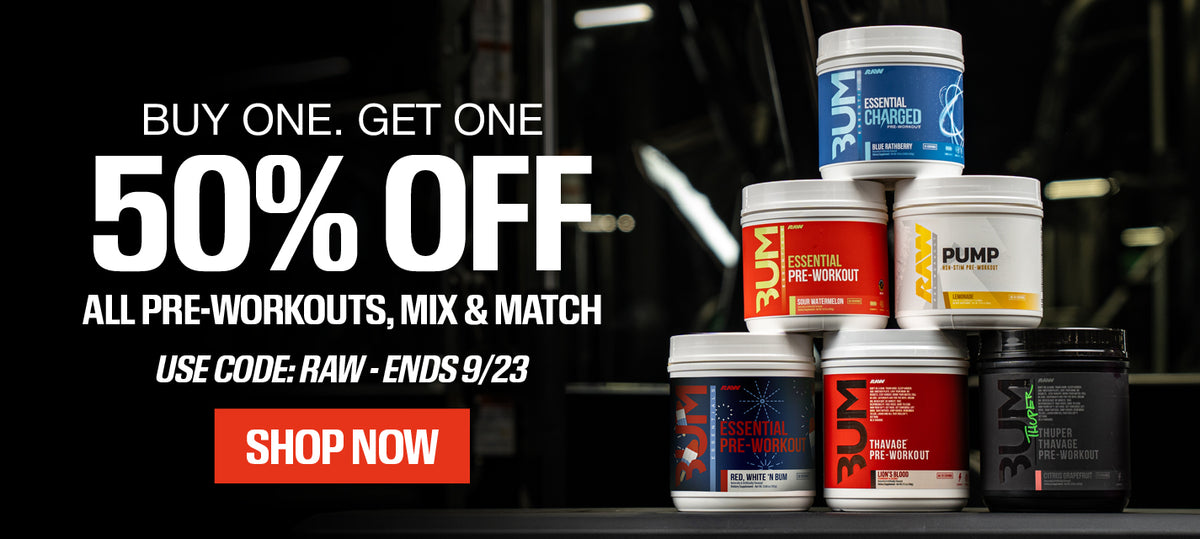 Promotional desktop hero banner for buy one, get one 50% off all pre-workouts, mix & match.  Use code: RAW - Ends 9/23