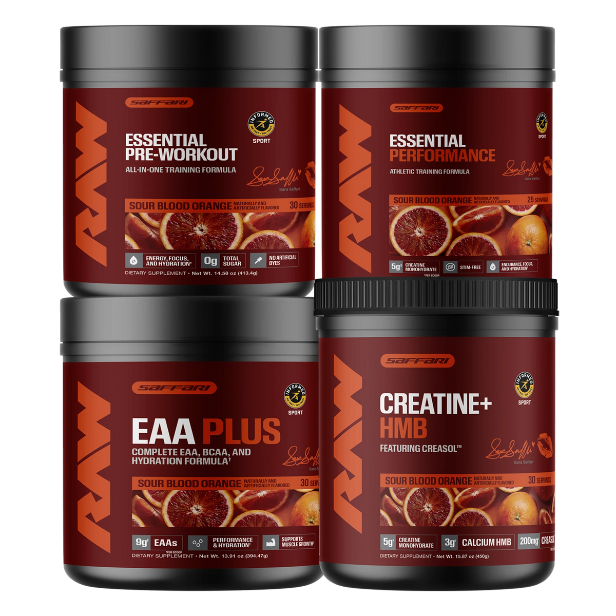 Sara Saffari Sour Blood Orange Stack — Essential Pre-Workout, Essential Performance, EAA Plus, and Creatine + HMB