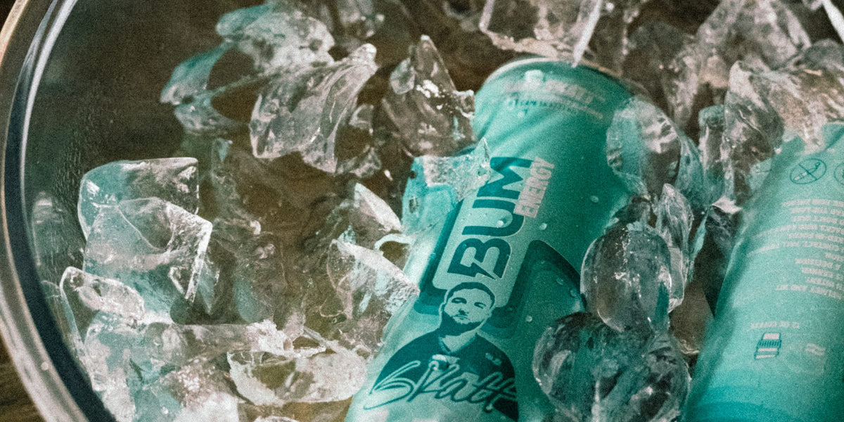BUM Energy Baja Skatt cans chilling in an ice bucket
